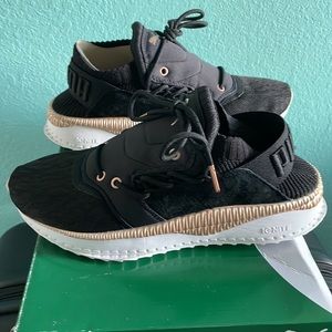 PUMA Women's Tsugi Shinsei Metallic Black Rose Gold White Mesh sneakers